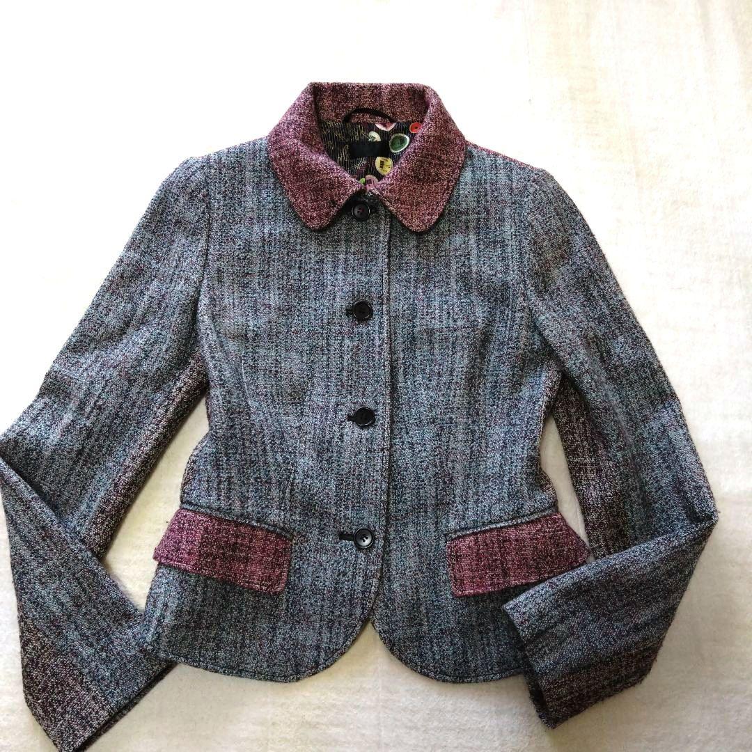 ポールスミス テーラードジャケット ツイード グレー ボルドー バイカラー L