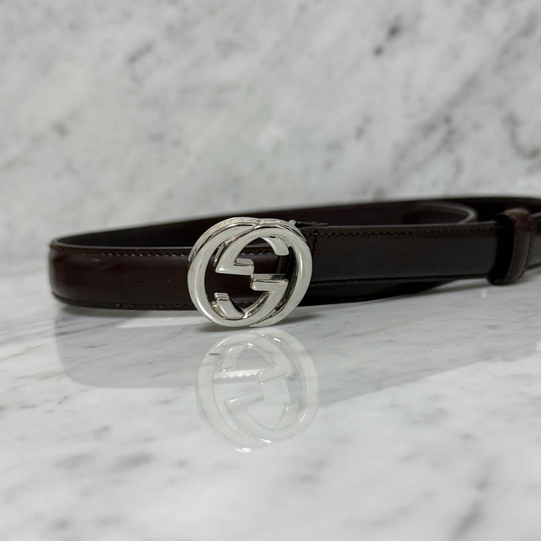 GUCCI グッチ ベルト 細ベルト 本革 レザー ブラウン GG 銀 シルバー