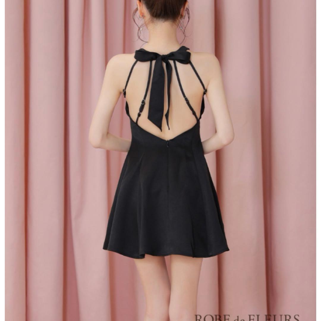 ローブドフルール サテンネックリボンバストジップフレアミニキャバドレス ブルー