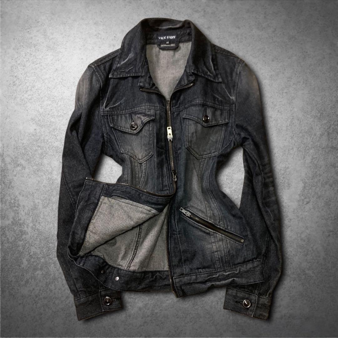 00s ブラック デニムジャケット ギミック グランジ Y2K バイカー V系