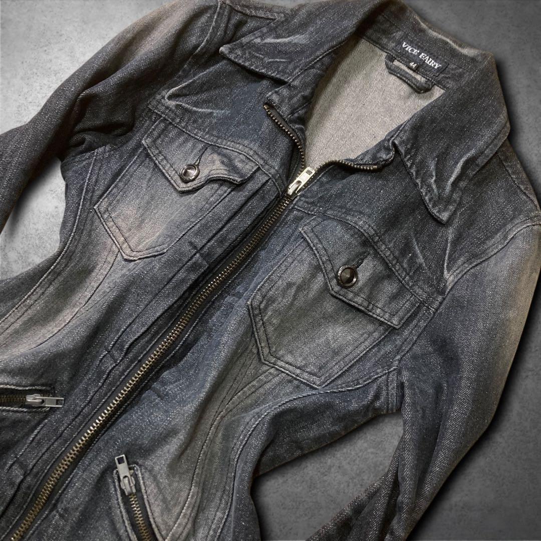 00s ブラック デニムジャケット ギミック グランジ Y2K バイカー V系