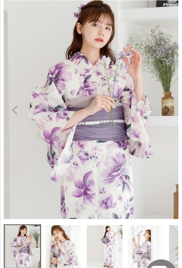 紫色花柄浴衣・リボン帯セット