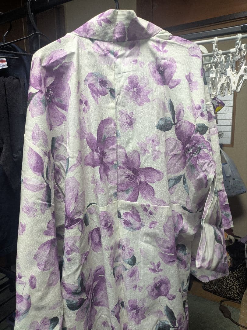 紫色花柄浴衣・リボン帯セット