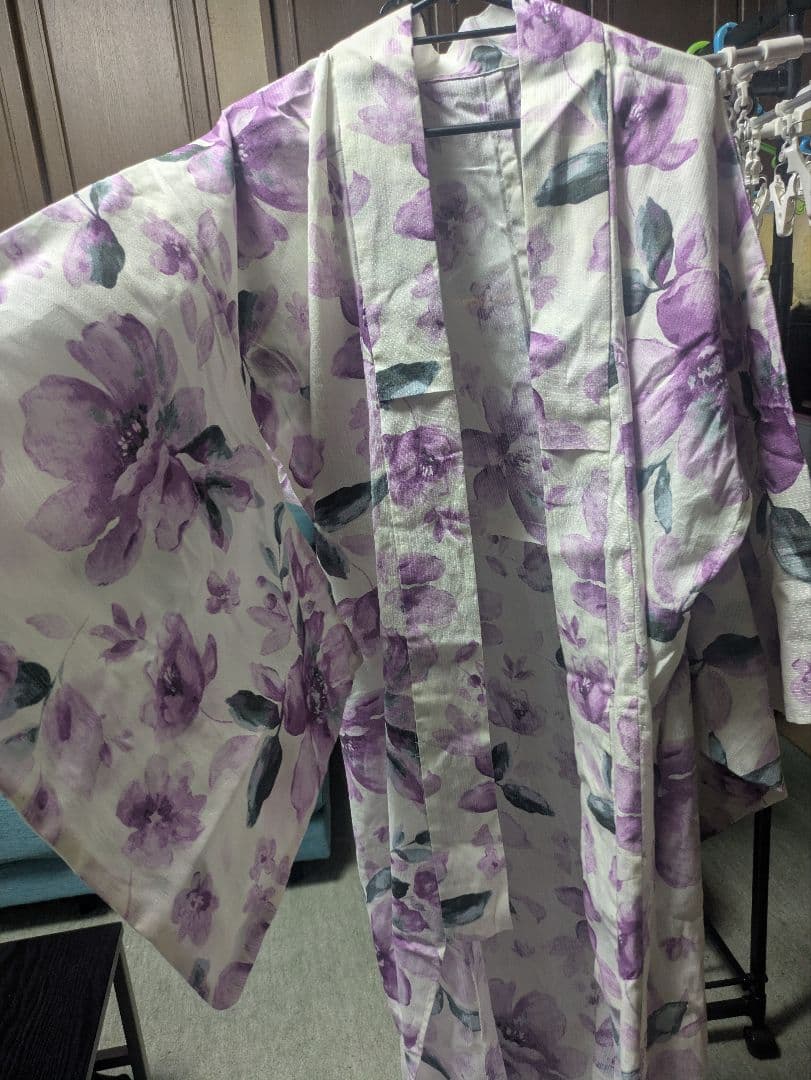紫色花柄浴衣・リボン帯セット