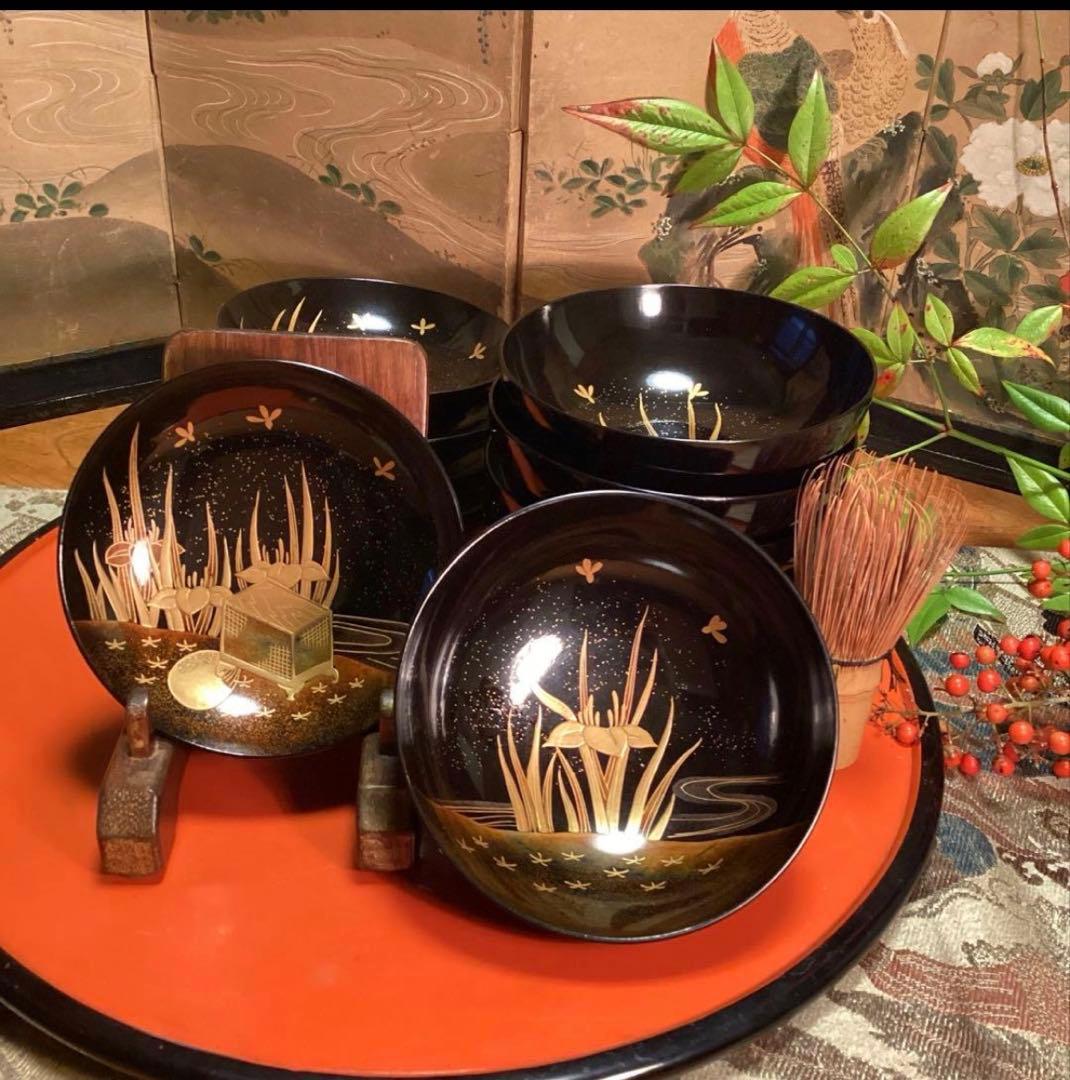 A1060 木製輪島塗　衝羽根に流水菖蒲　吸物椀　蒔絵　2客さくら❣️