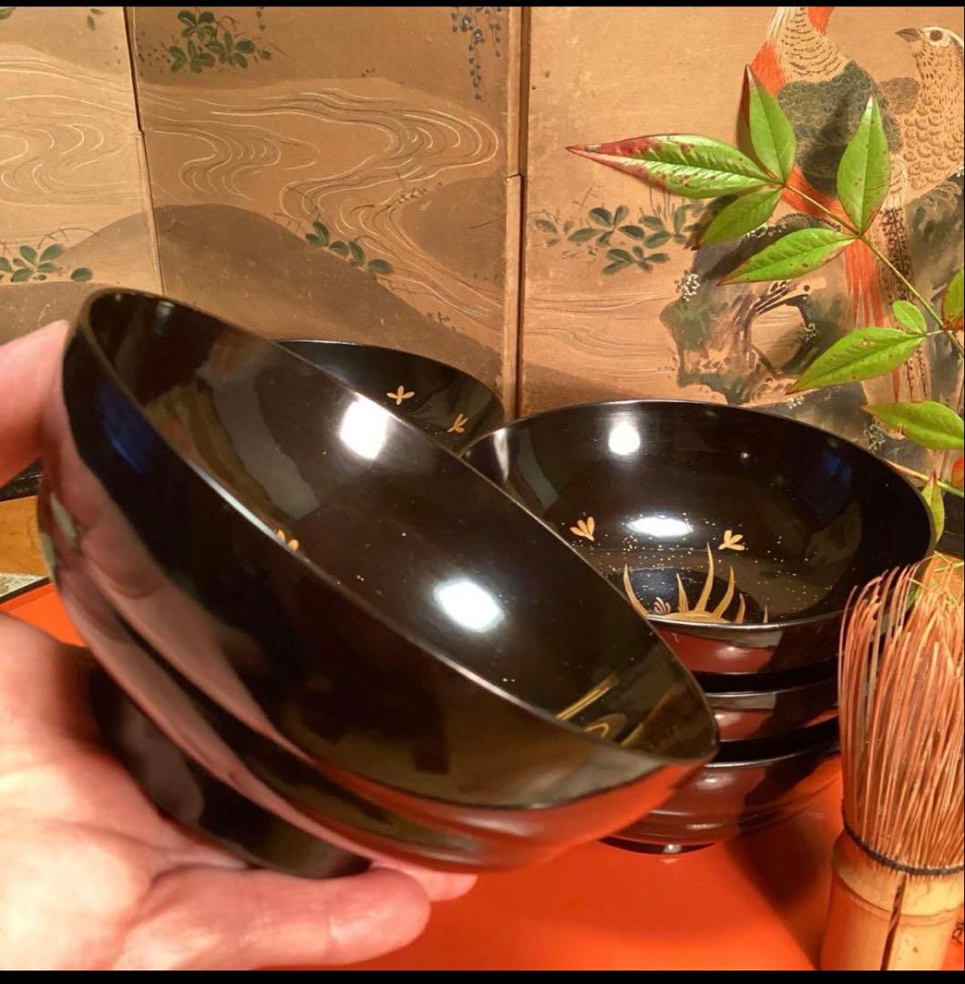 A1060 木製輪島塗　衝羽根に流水菖蒲　吸物椀　蒔絵　2客さくら❣️