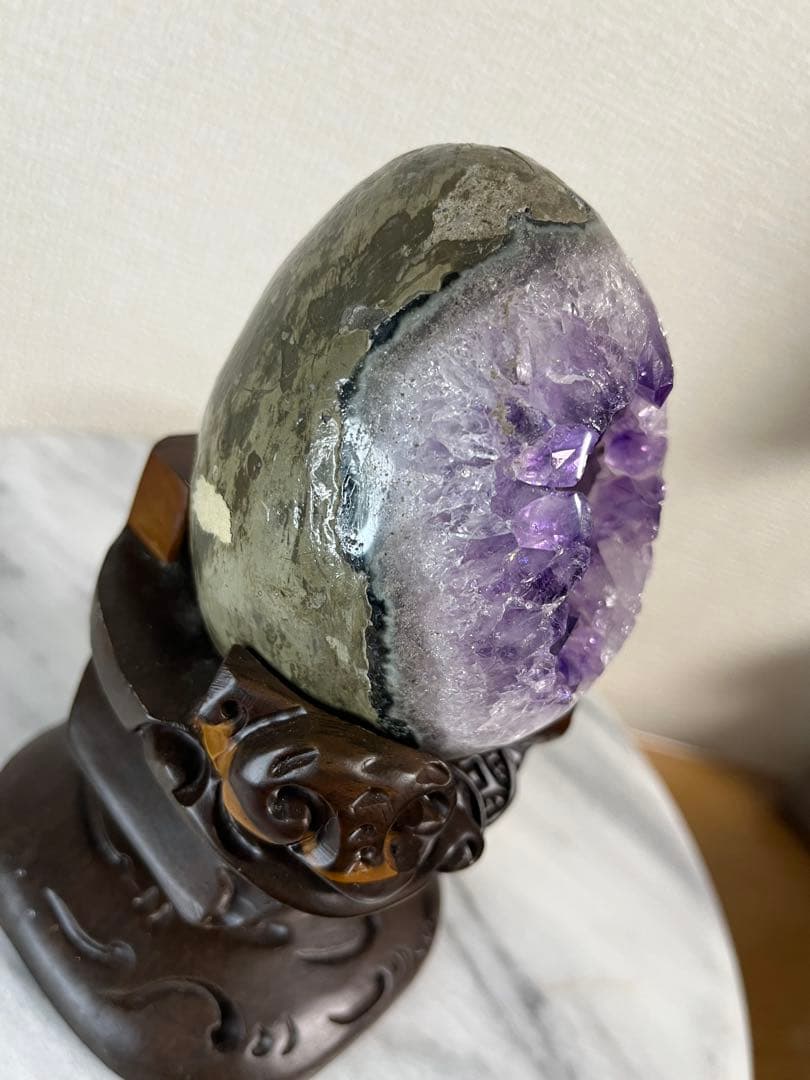 ★高品質★アメジストドーム　紫水晶★卵型置物 木製台座付き