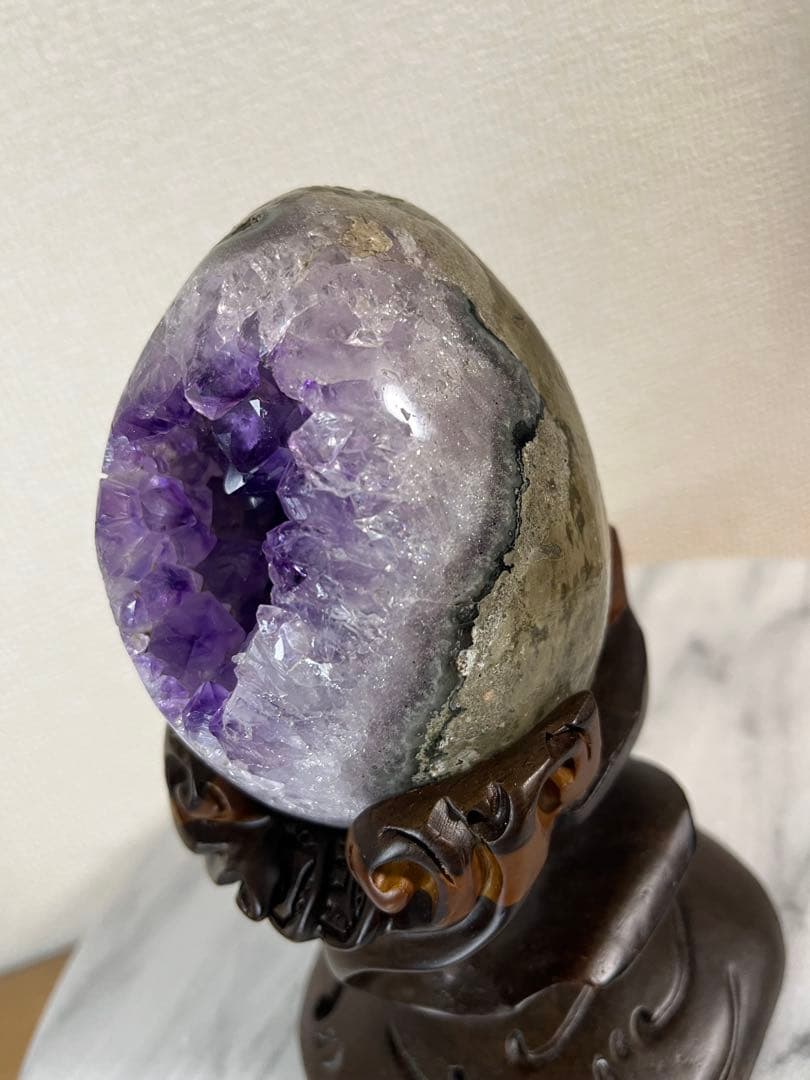 ★高品質★アメジストドーム　紫水晶★卵型置物 木製台座付き