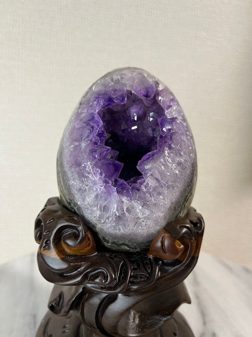 ★高品質★アメジストドーム　紫水晶★卵型置物 木製台座付き