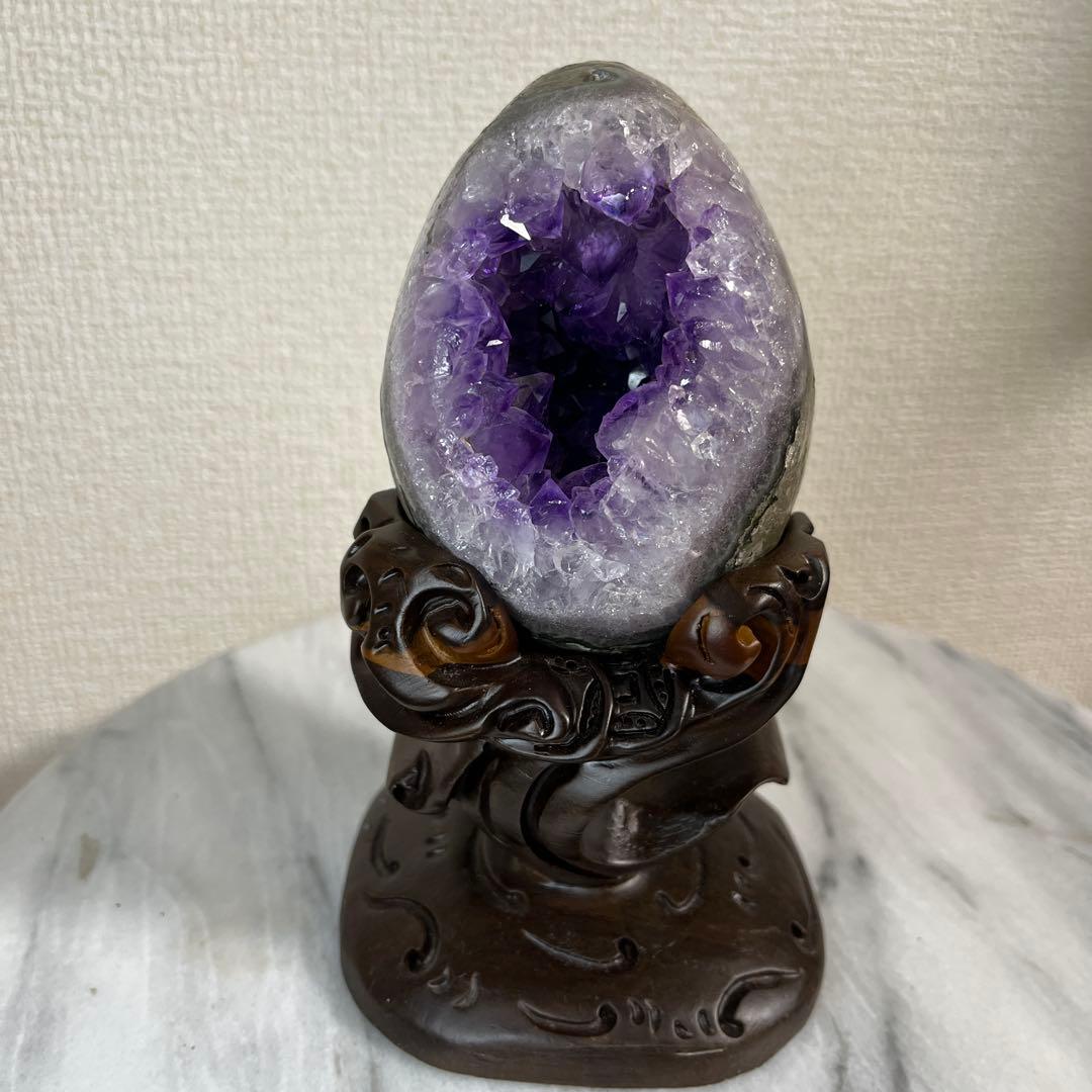★高品質★アメジストドーム　紫水晶★卵型置物 木製台座付き