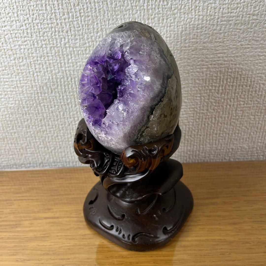 ★高品質★アメジストドーム　紫水晶★卵型置物 木製台座付き