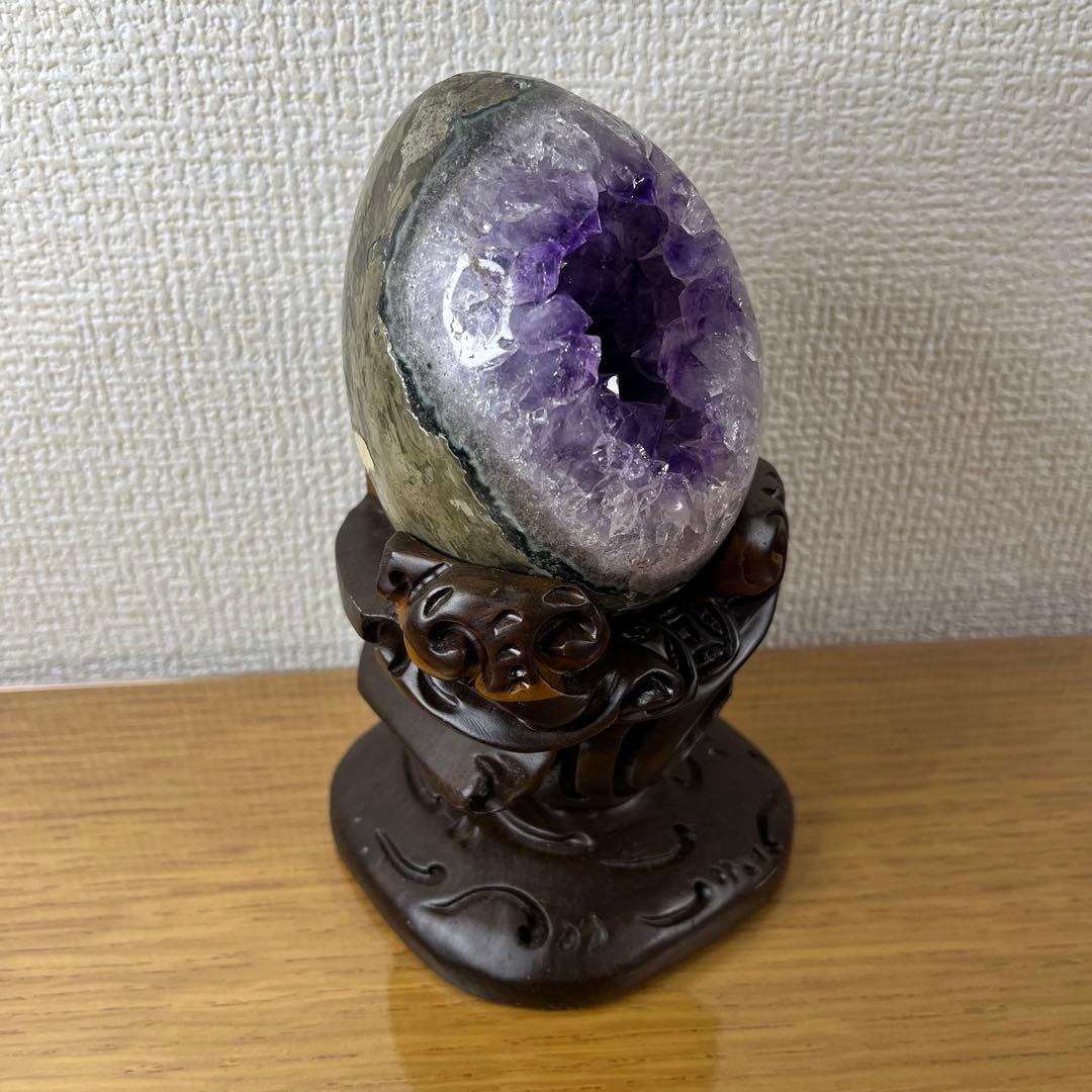 ★高品質★アメジストドーム　紫水晶★卵型置物 木製台座付き
