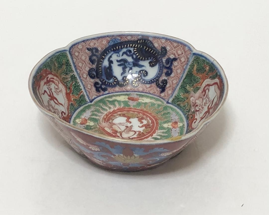 継続出品 江戸時代 有田焼 献上 古伊万里 色絵 団鳳凰雲龍文 木瓜型小鉢