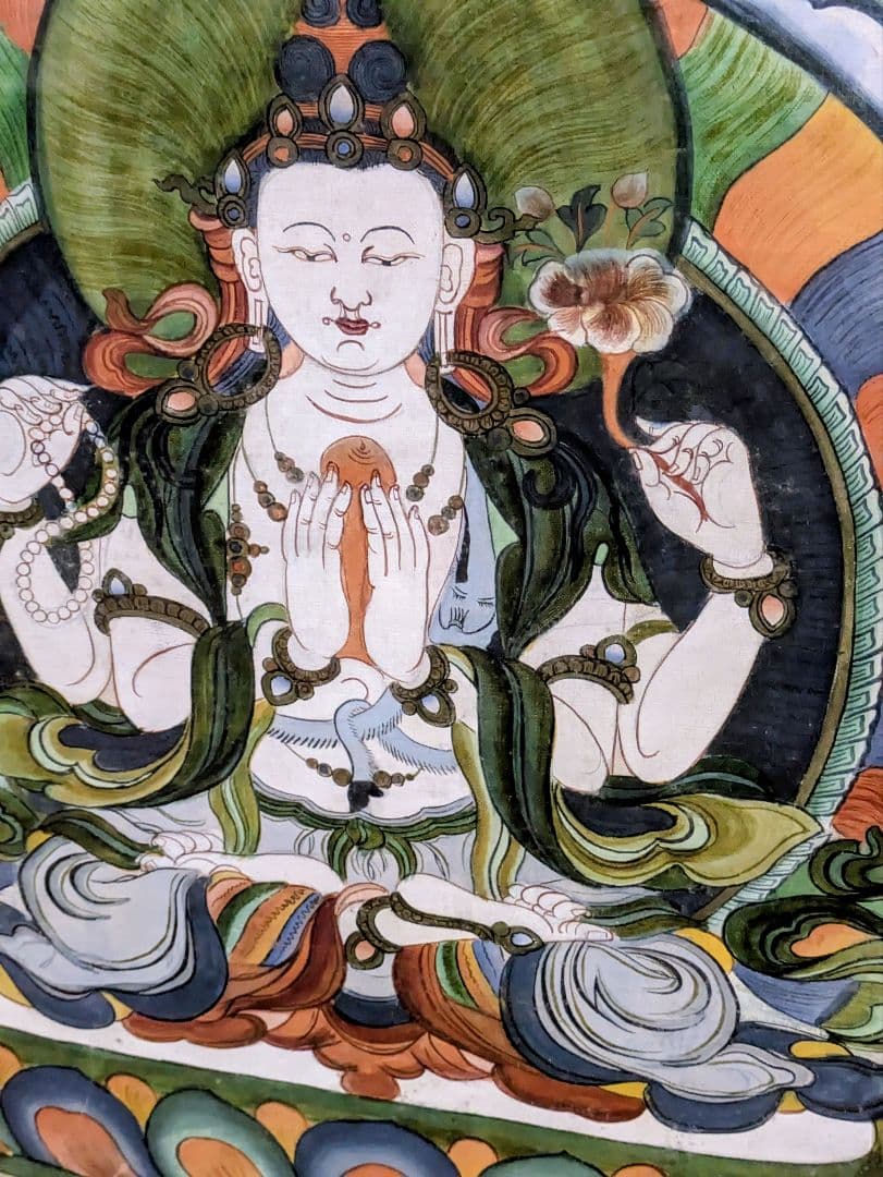おうまい！四臂観音菩薩 タンカ 手描き シルク仕立 額装 チベット　曼荼羅