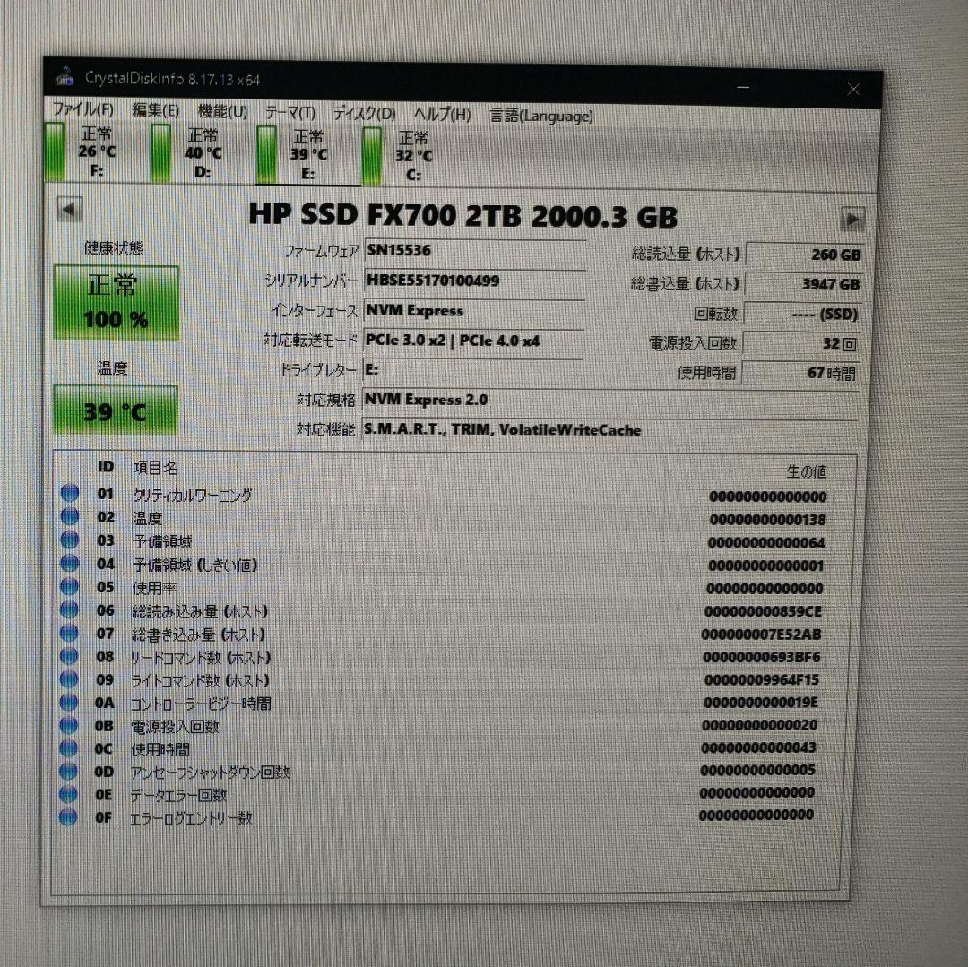 HP SSD FX700 2TB M.2 gen4 pcie　ほぼ新品