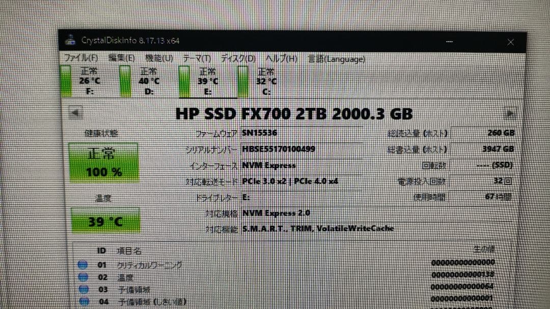 HP SSD FX700 2TB M.2 gen4 pcie　ほぼ新品