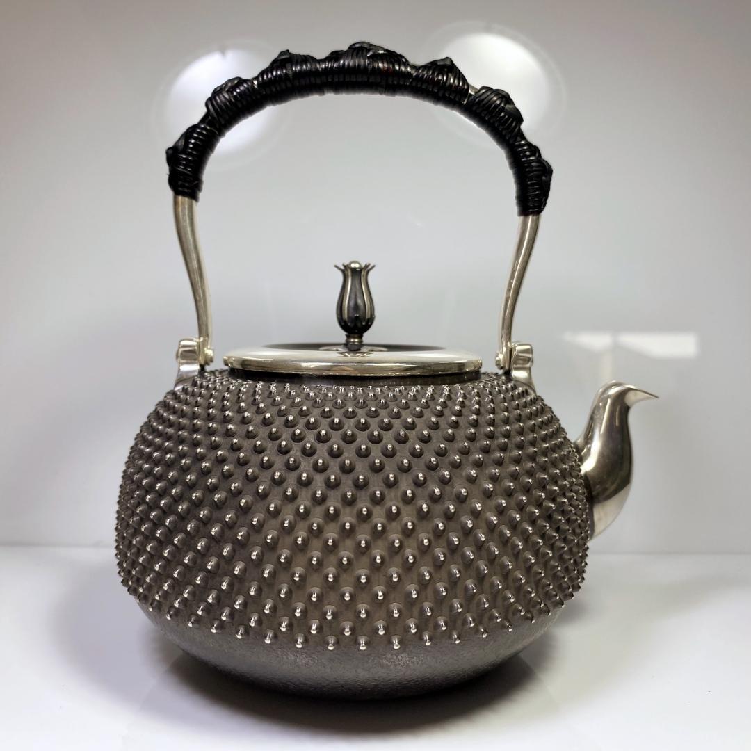 純銀製 光南 霰打出 湯沸 蕾摘 薬缶 銀瓶 煎茶道具 箱付