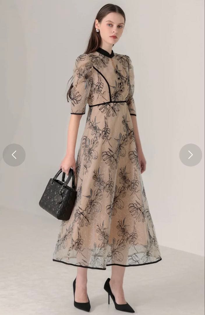 leja 配色パイピングプチハイネック花柄刺繍ラメレースロング丈ドレス sサイズ