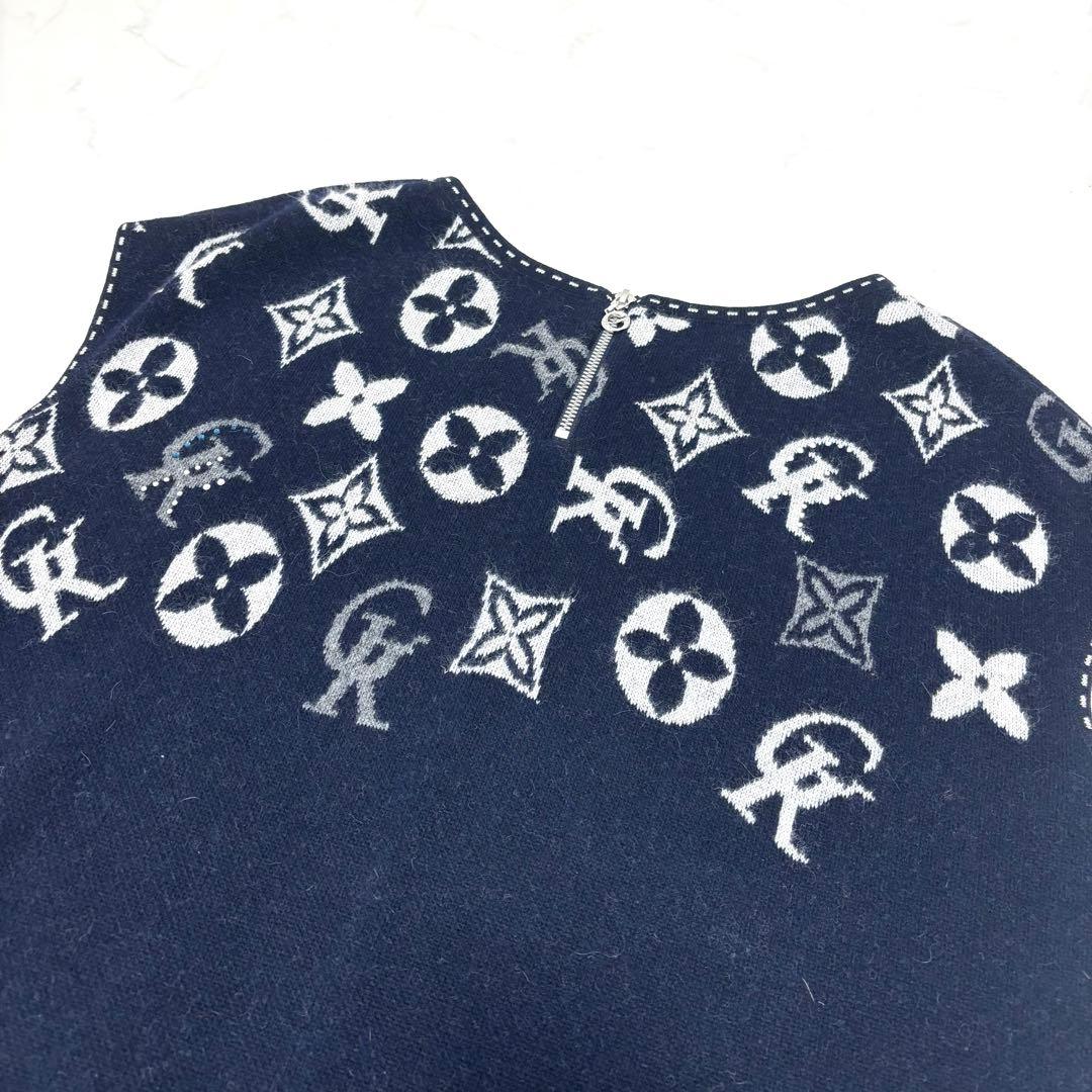 【大きいサイズ カシミヤ混】伊太利屋 モノグラム チュニック ラインストーン 紺