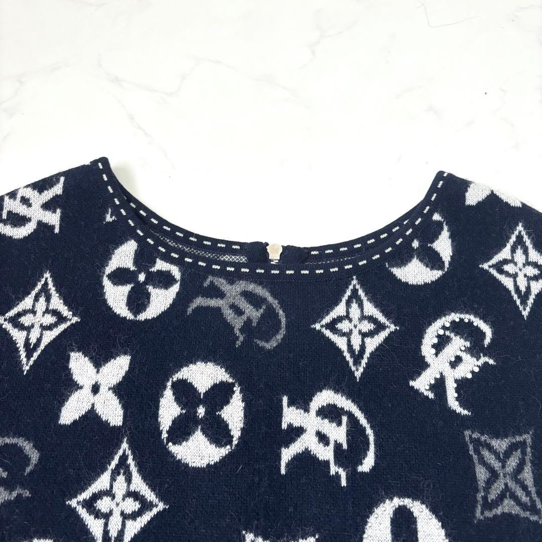 【大きいサイズ カシミヤ混】伊太利屋 モノグラム チュニック ラインストーン 紺