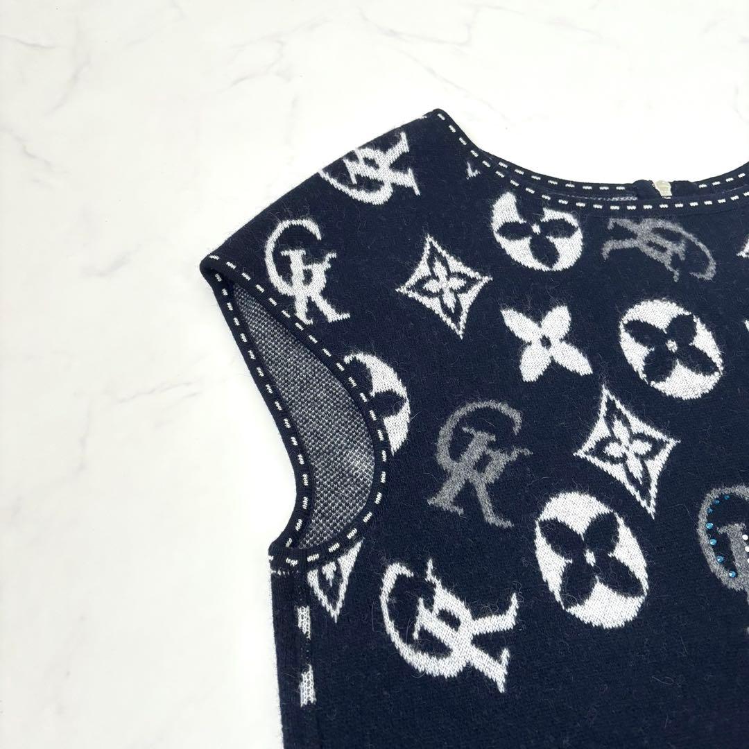 【大きいサイズ カシミヤ混】伊太利屋 モノグラム チュニック ラインストーン 紺