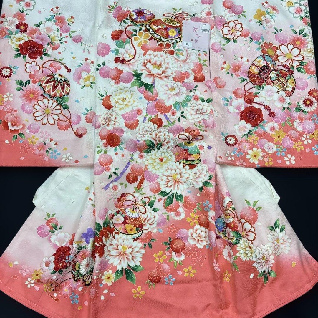 新品正絹産着（お祝着）最高級京友禅伝統多色染、刺繍、本金入り古典四季花鈴に古典文