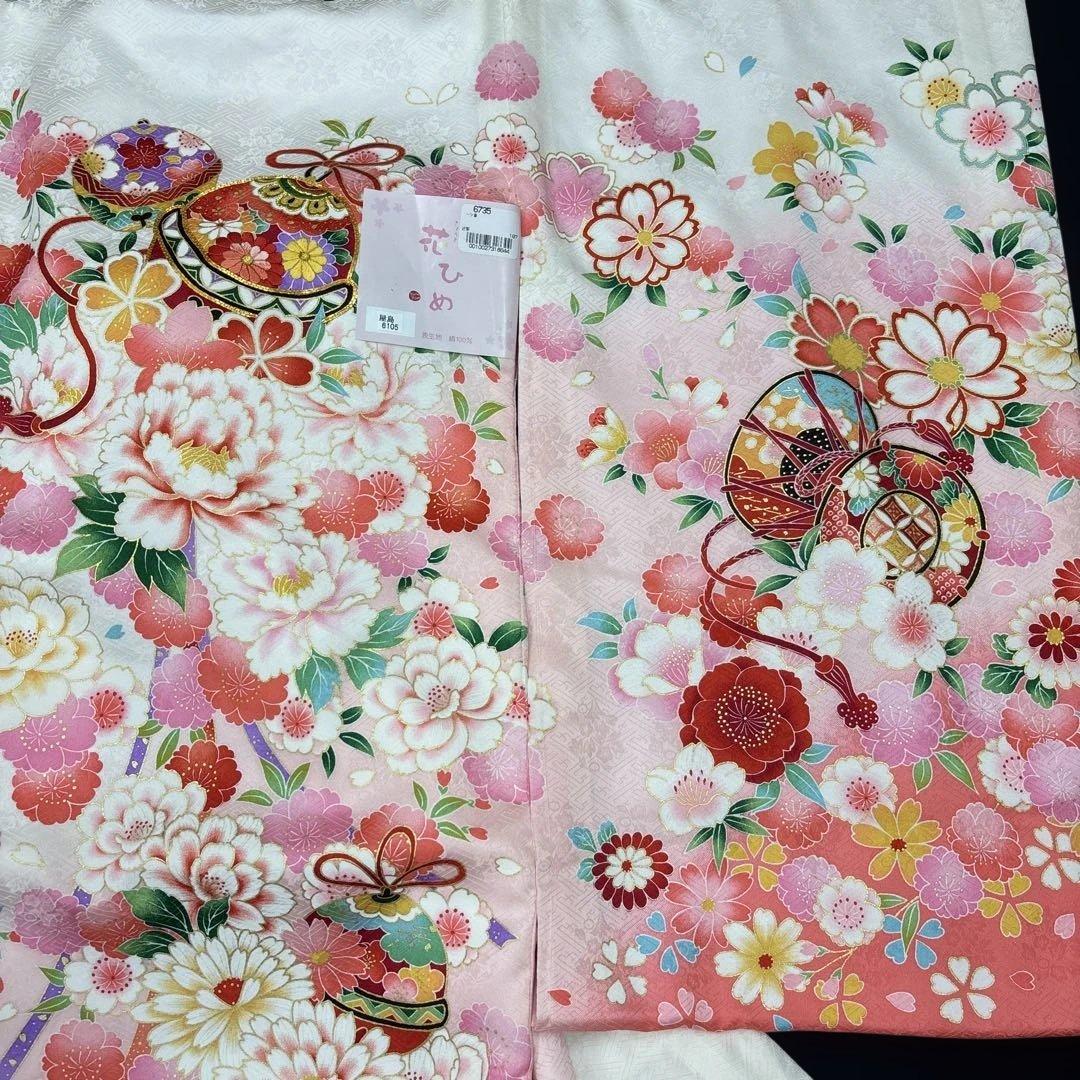 新品正絹産着（お祝着）最高級京友禅伝統多色染、刺繍、本金入り古典四季花鈴に古典文