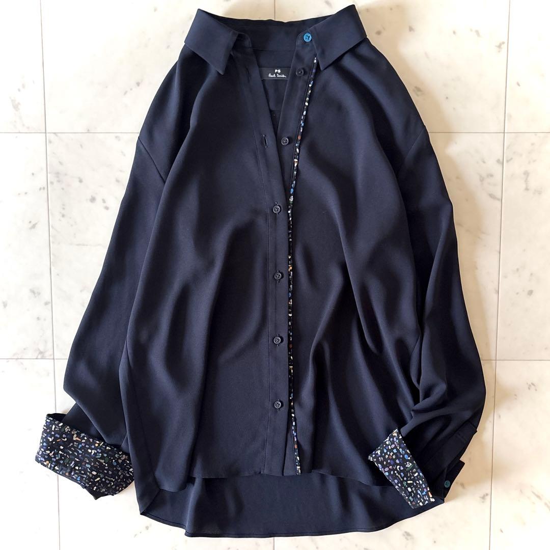 美品 ピーエス ポールスミス とろみブラウス 洗える ネイビー 42 XL 濃紺