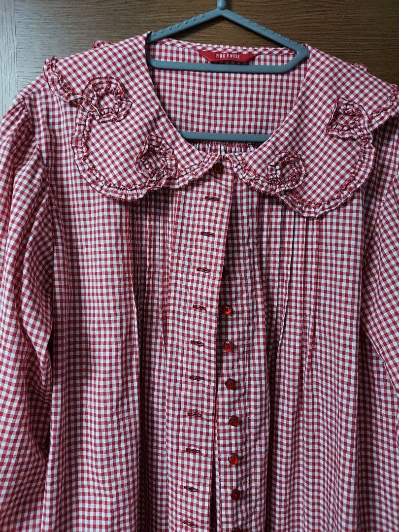 美品 ピンクハウス 赤と白のギンガムチェック長袖チュニック