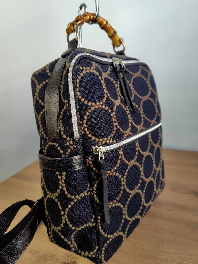 ミナペルホネン/タンバリンBK×カーキ/A4バンブーリュック本革黒