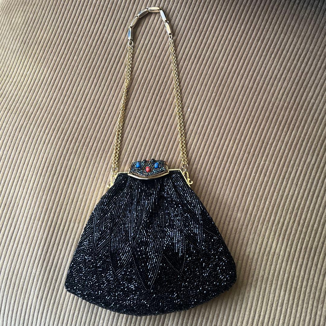 Hasimotoビーズ装飾　黒　バッグ　留め具　チェーン　ブラック　パーティー