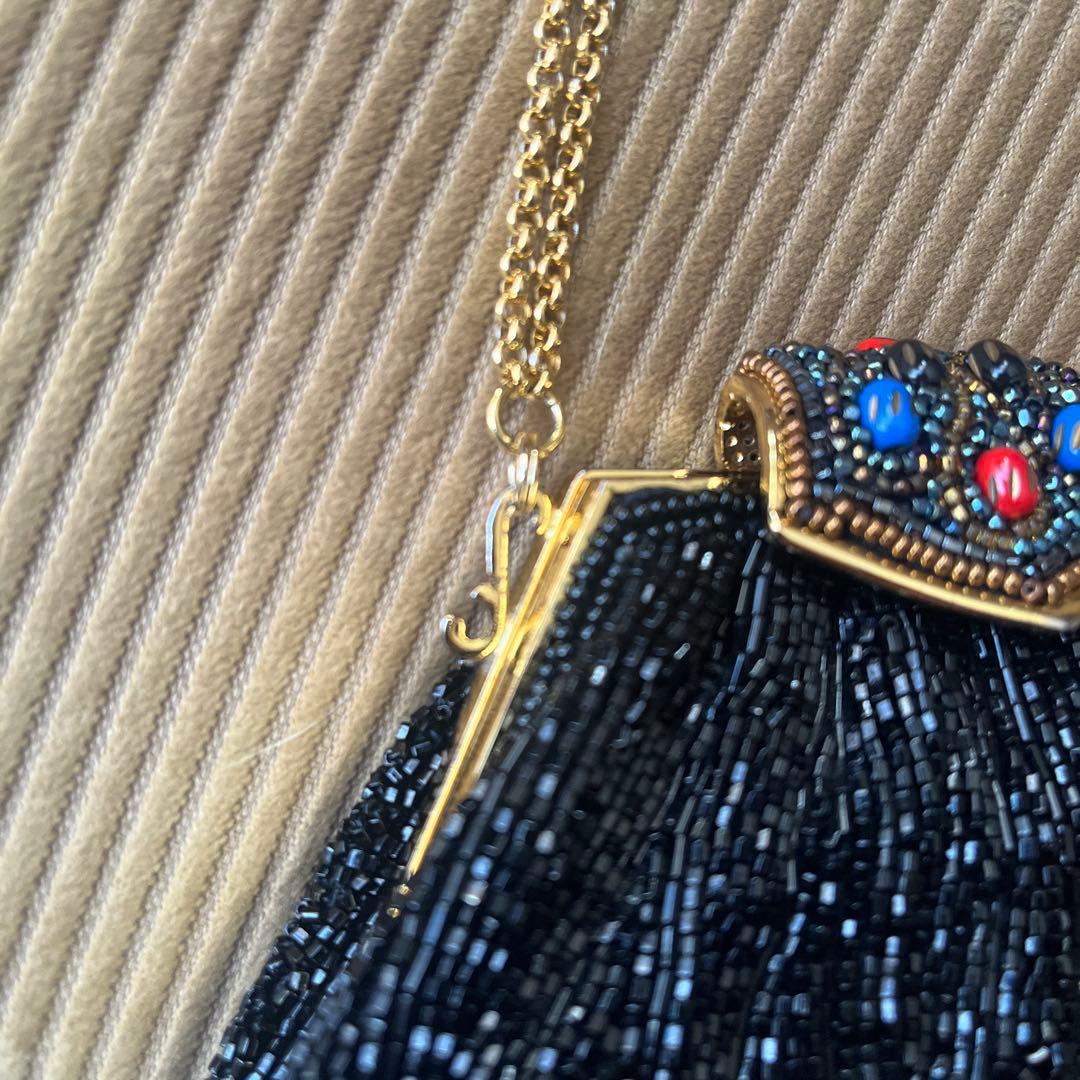 Hasimotoビーズ装飾　黒　バッグ　留め具　チェーン　ブラック　パーティー