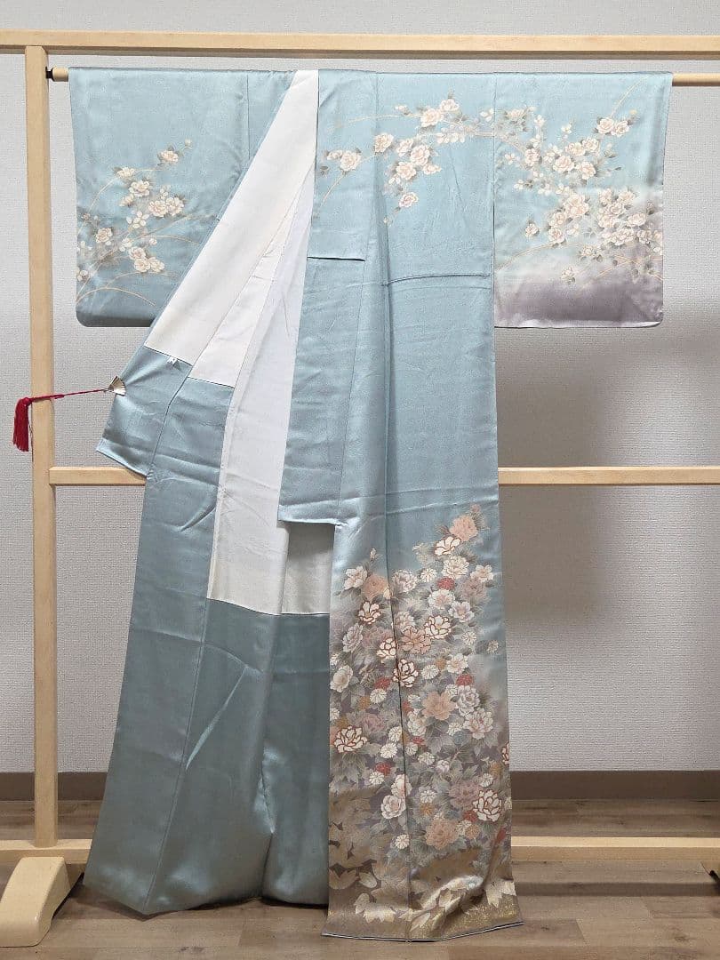 C◆着物くつろぎ 京友禅 金彩 金駒刺繍 水色 椿 牡丹 袷 正絹 訪問着 着物