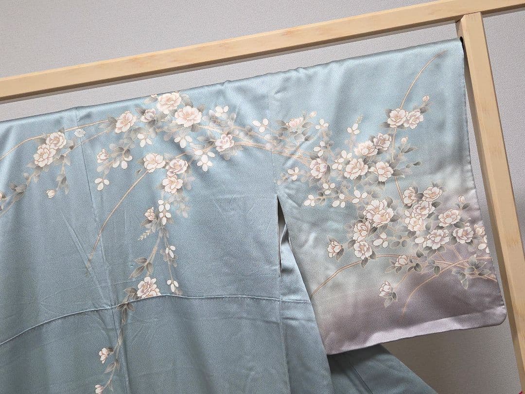 C◆着物くつろぎ 京友禅 金彩 金駒刺繍 水色 椿 牡丹 袷 正絹 訪問着 着物