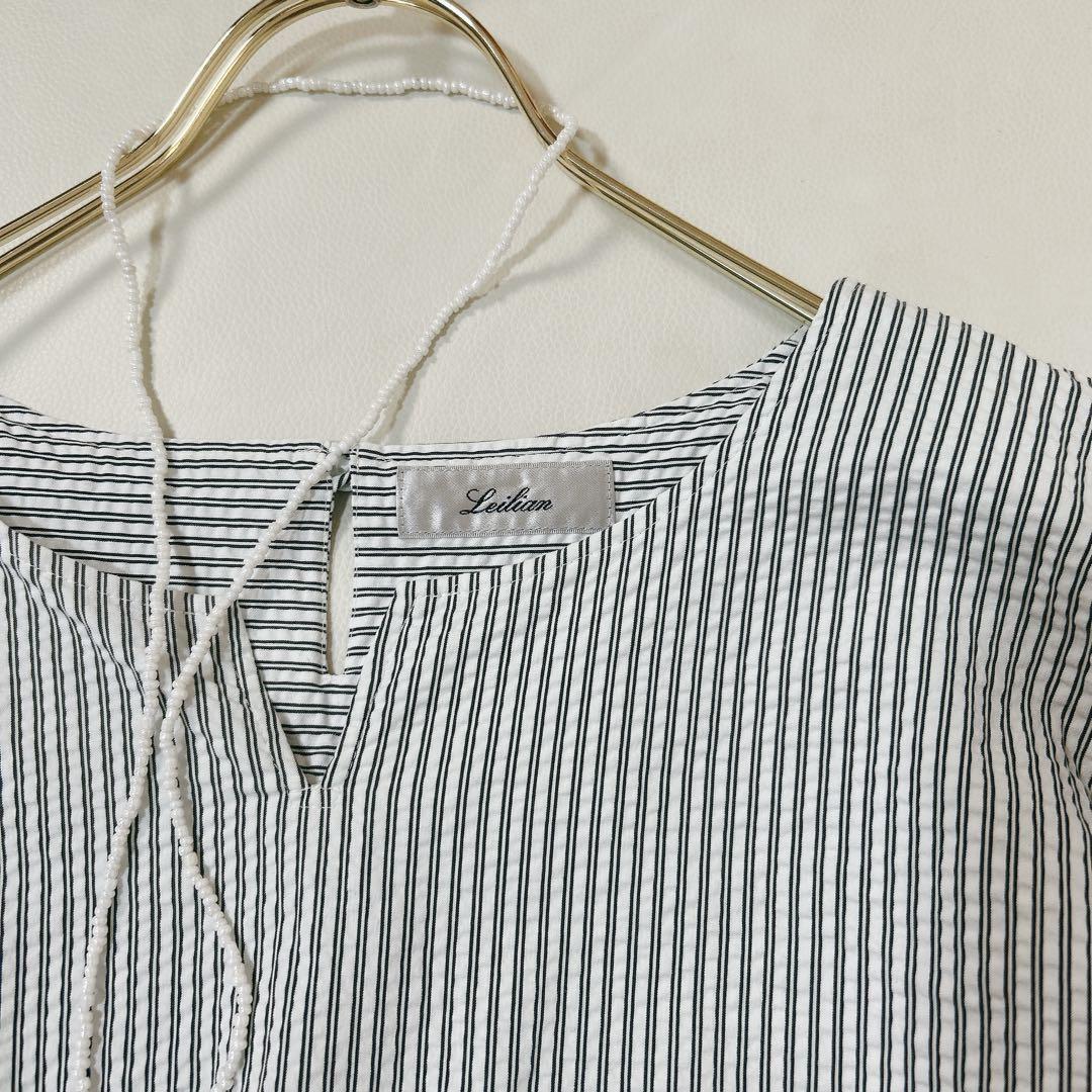 大きいサイズ13+ レリアン　サッカー生地　ストライプチュニック　ロングシャツ