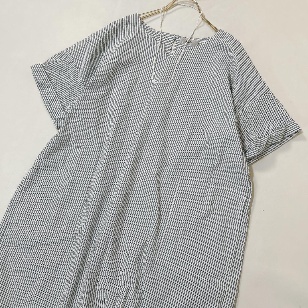 大きいサイズ13+ レリアン　サッカー生地　ストライプチュニック　ロングシャツ