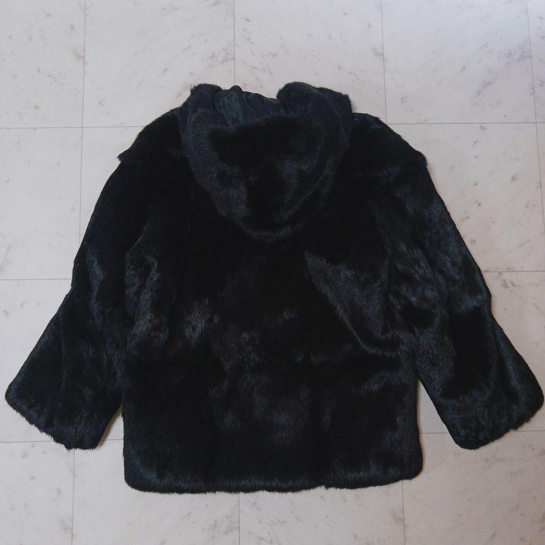 ラビットファー コート M ブラック フード付 毛皮 リアルファー ジップアップ