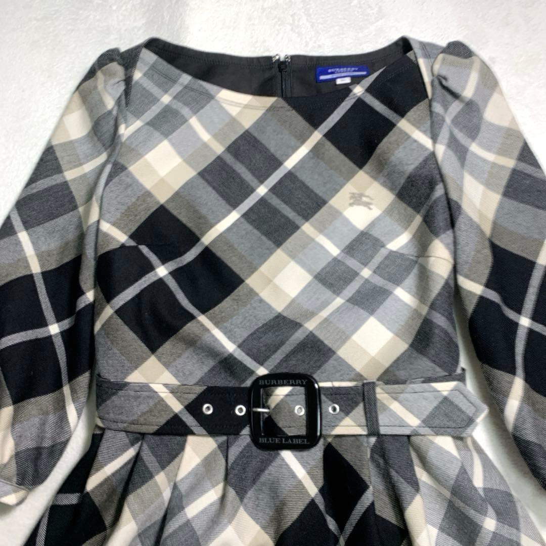 バーバリー　フレアワンピース　Ｓ　黒ノバチェック　毛　ウエストベルト　ホースロゴ