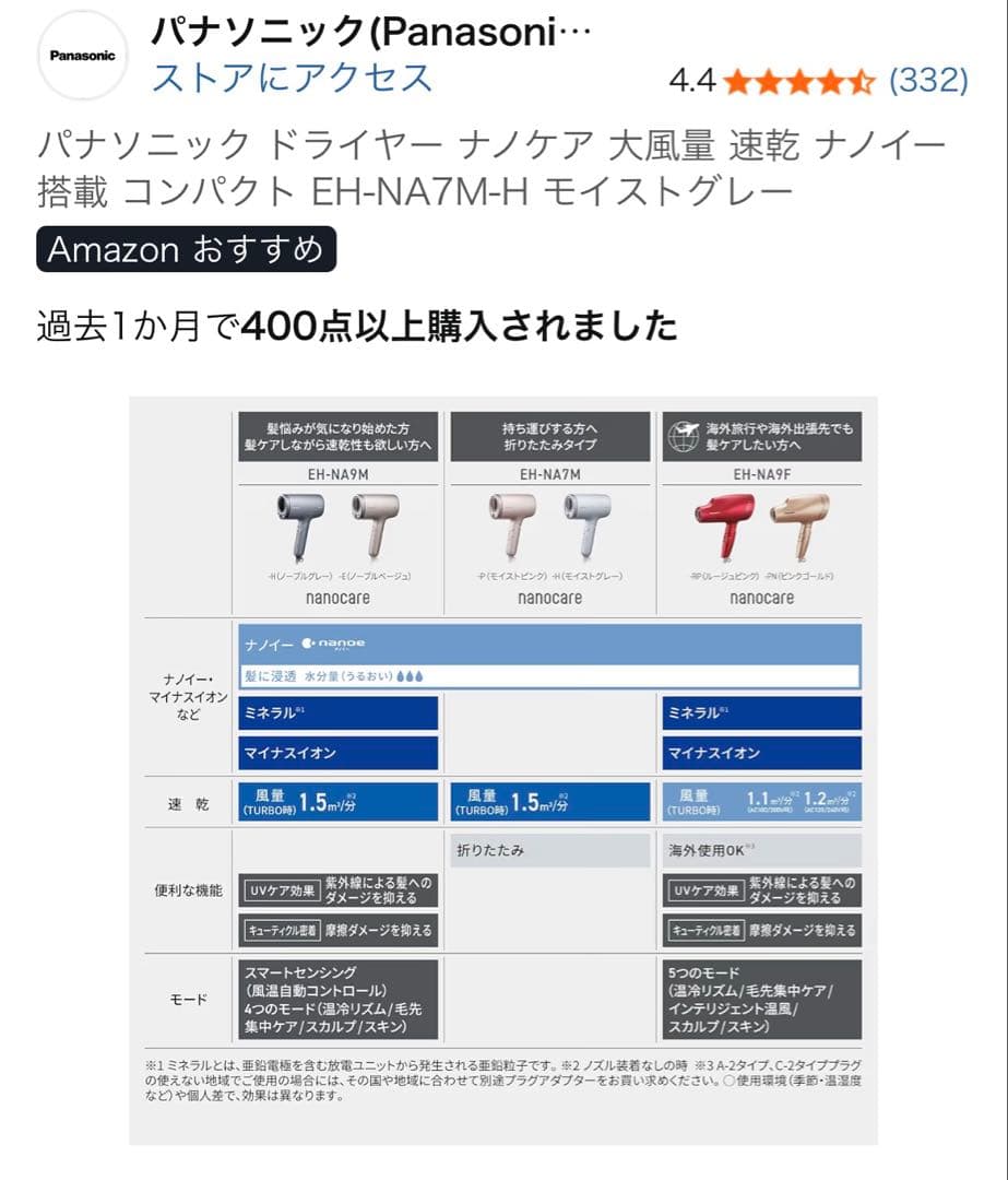 パナソニック ドライヤー ナノケア EH-NA7M-H モイストグレー