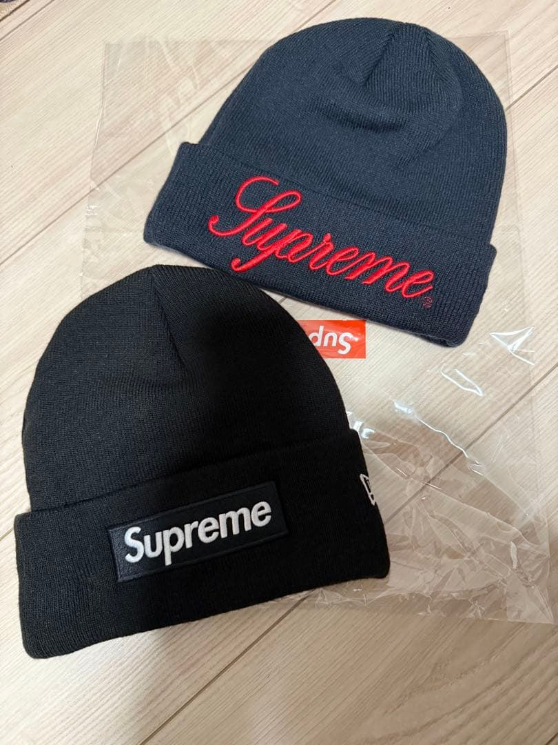 supremeニットキャップ2個セットほぼ新品ステッカー付き！ビーニーBOXロゴ