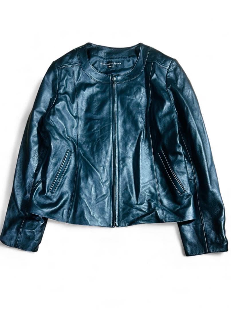 ジャンルイシェレル ノーカラー レザー ジャケット 羊革 ブラック　3L