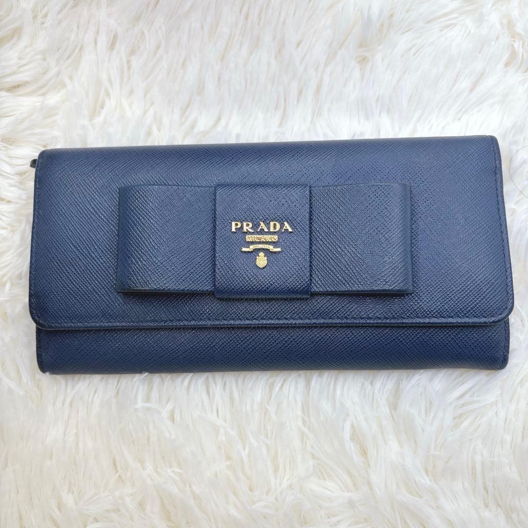 PRADA 長財布 サフィアーノ フィオッコ メタルロゴ リボン ネイビー