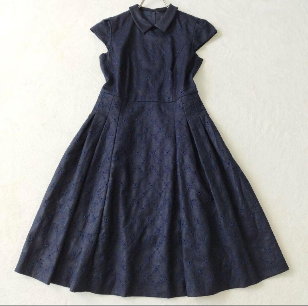 ネイビー 半袖 フレアワンピース