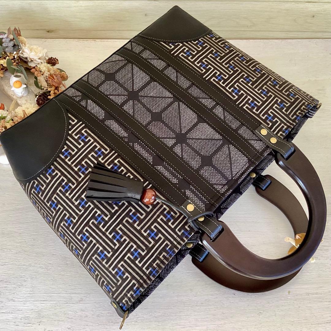 秋名バラ 大島紬 ×本革 着物リメイク バッグ 和装バッグ ハンドメイド 龍郷