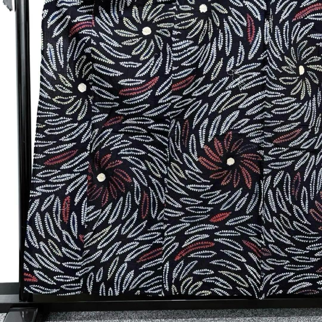 浴衣　有松鳴海絞り　菊　花模様　渦巻　ネイビー系　着物　054w d