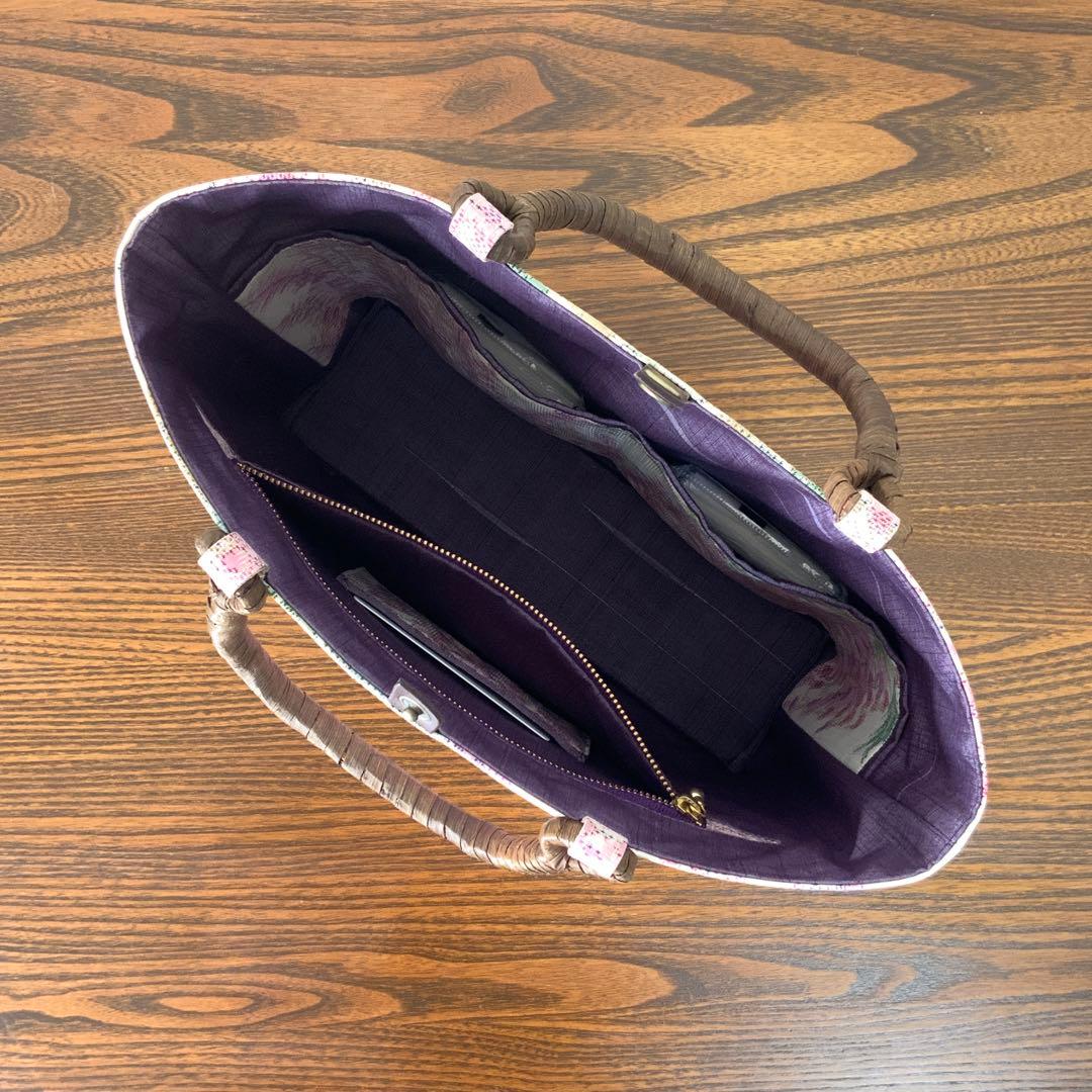 大島紬　満開の藤の花　リメイク　胡桃皮ハンドルバッグ