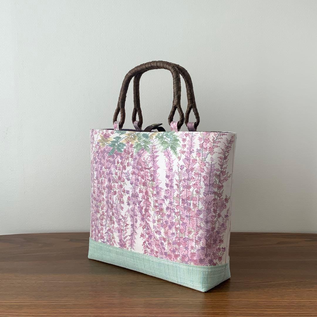 大島紬　満開の藤の花　リメイク　胡桃皮ハンドルバッグ