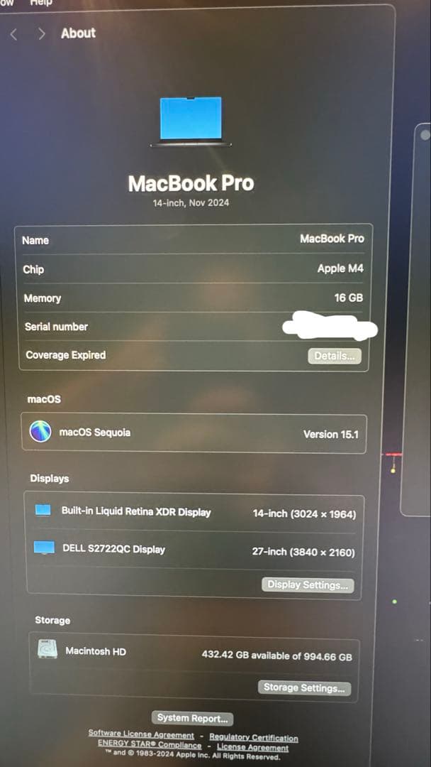 MacBookPro14インチM4 16GB 1TB