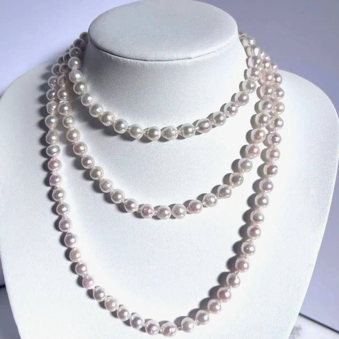 【百貨店証明書付】照り干渉色◎あこや真珠120㎝ロングパールネックレス 約8mm