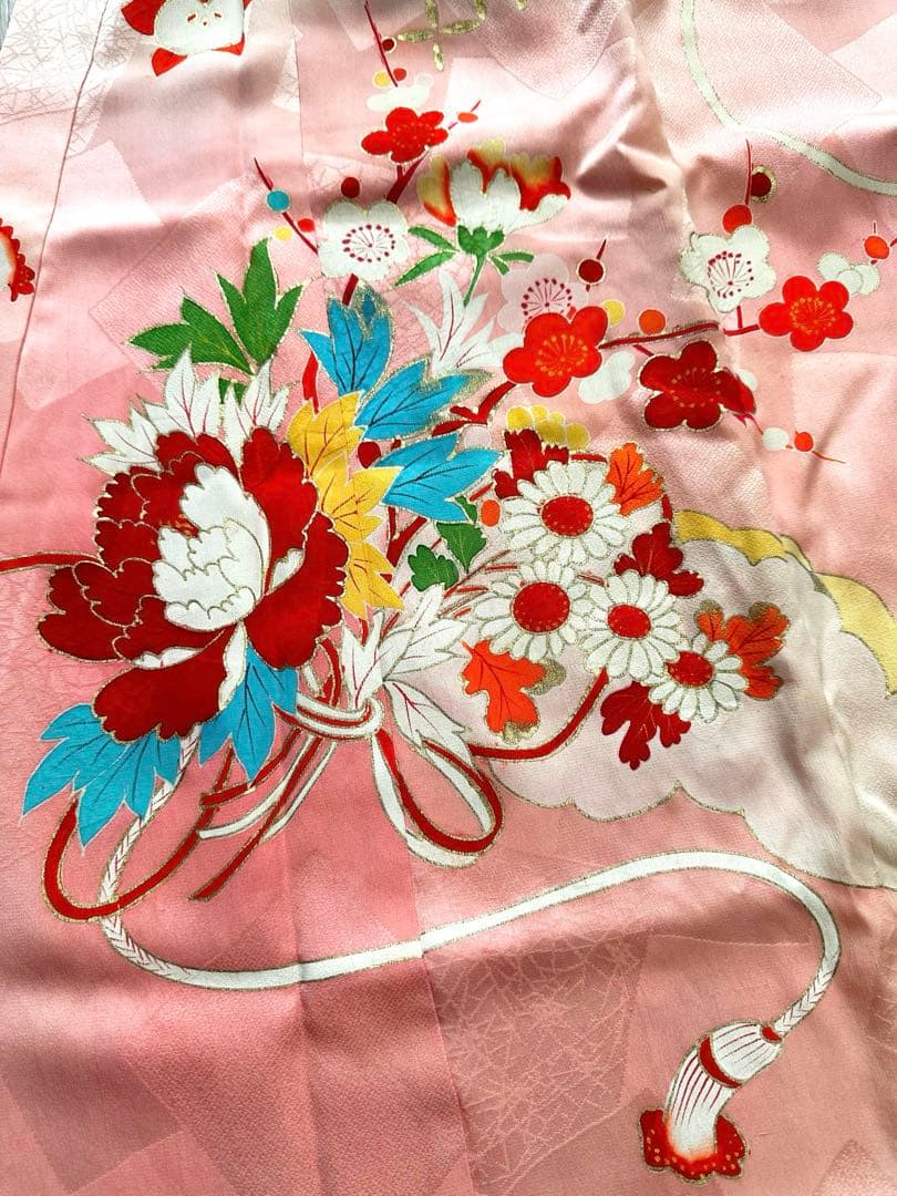 アンティーク 女児 お宮参り 祝い着 赤ピンクぼかし 金彩 金駒刺繍 長襦袢付き